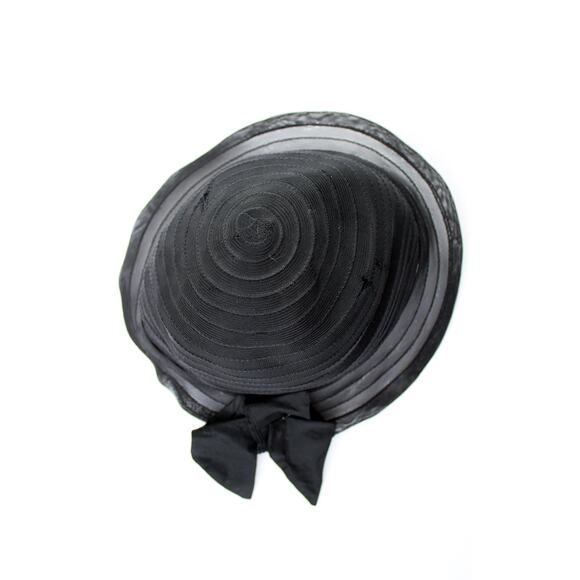 Vintage 1920s Cloche 20s Velvet Floral Black Woven Summer Evening Hat with Bow - Picture 7 of 10